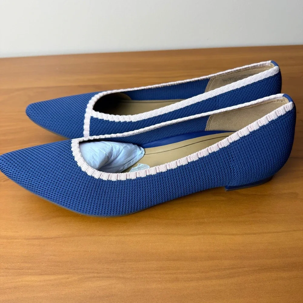 Vionic Dahlia Blue Knit Pointed Toe Flats Pink Trim Womens 11 Orthotic Comfort